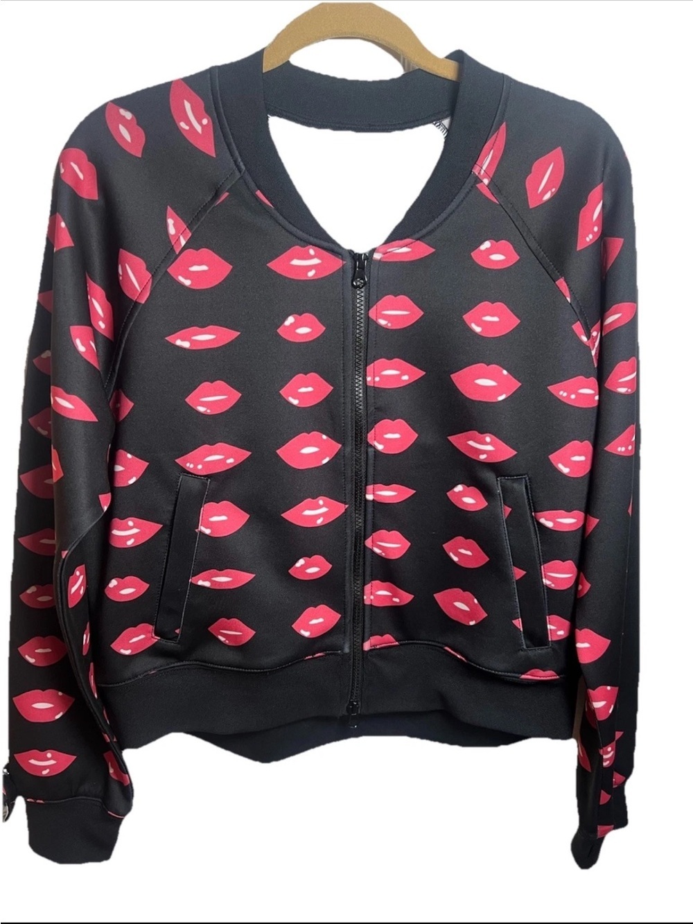 “The Set” All over Lips Zipper Bomber Jacket L Streetwear Festival Retro Baddie